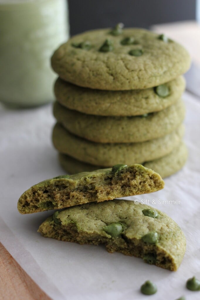 Torn Matcha Chocolate Chip Cookie revealing interior.