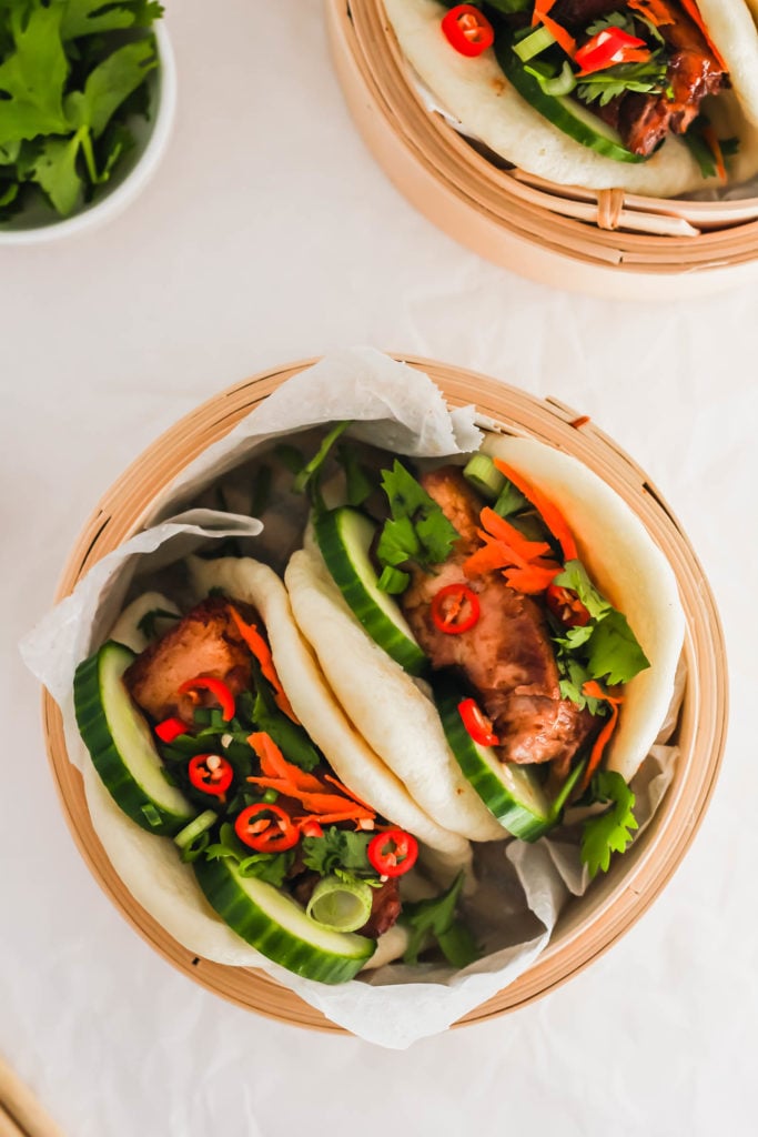 Taiwanese Gua Bao in bamboo steamer.