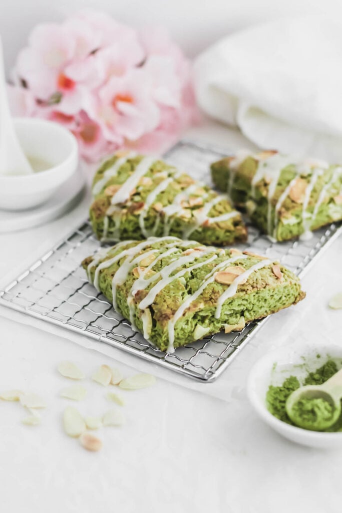 Matcha Almond Scones on cooling rack.