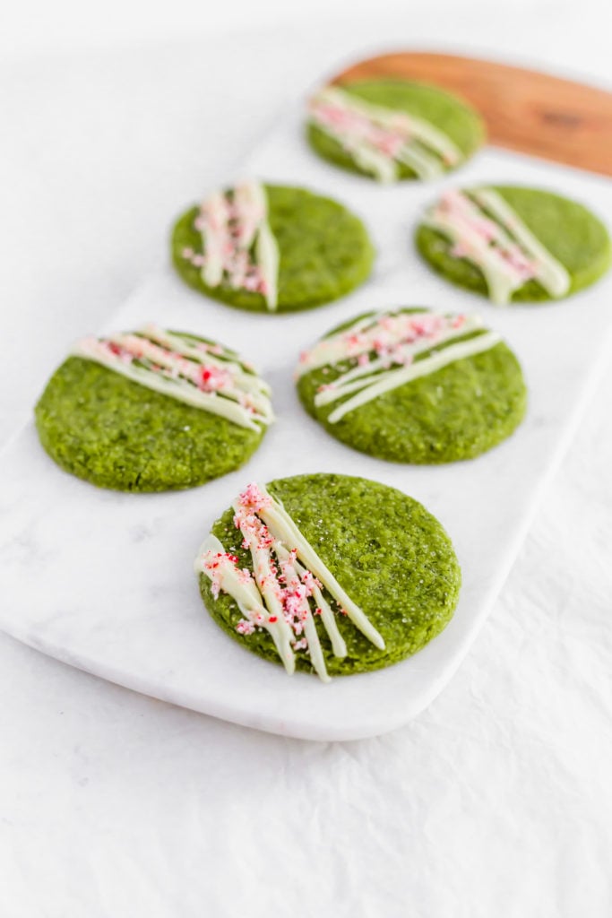 Matcha White Chocolate Peppermint Cookies on marble board.