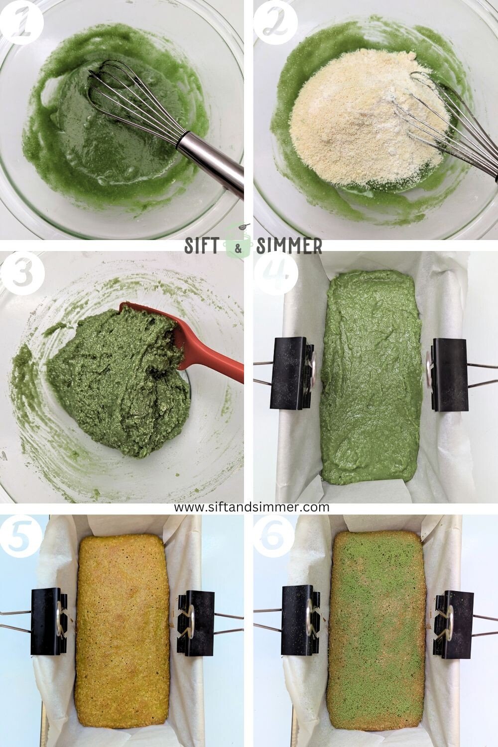 Step by step photos on how to make matcha almond brownies, with number overlay.