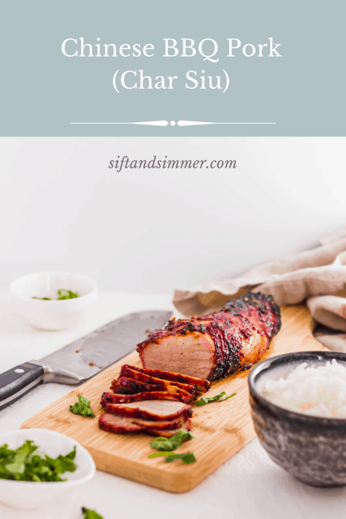 Roasted Chinese char siu bbq pork on wooden board with text overlay.