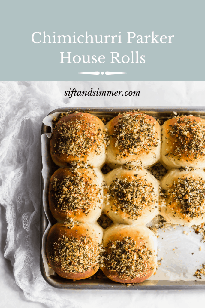 A tray of baked chimichurri buns, with text overlay..