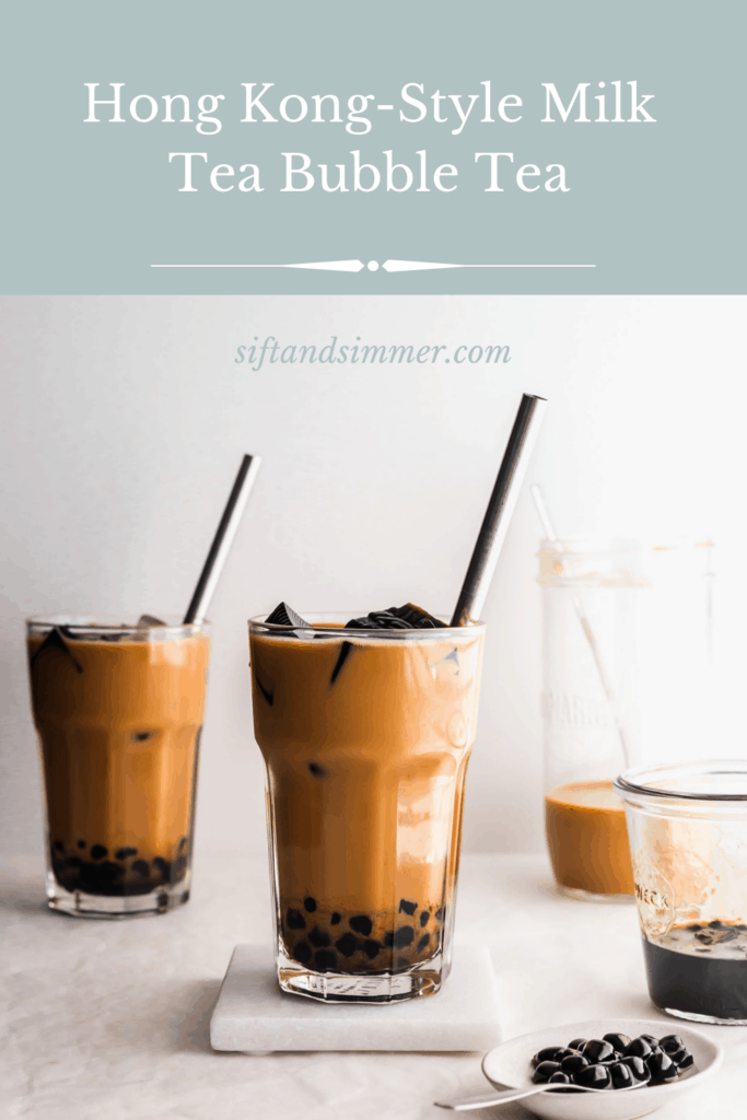 Glasses of HK milk tea with boba pearls, straw, on a white marble coaster, small plate of boba pearls on the side with text overlay.