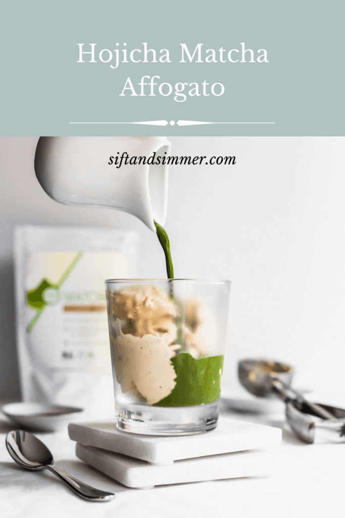 Pouring matcha over top of a glass of hojicha ice cream on top of marble coasters, spoon on side, tea packaging in background with text overlay.
