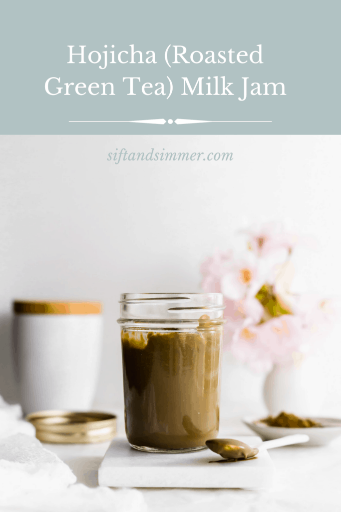 Jar of Hojicha Roasted Green Tea Milk Jam on marble coaster, with text overlay.