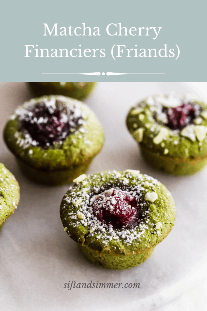 Close up of matcha cherry financiers on a white trivet with text overlay.
