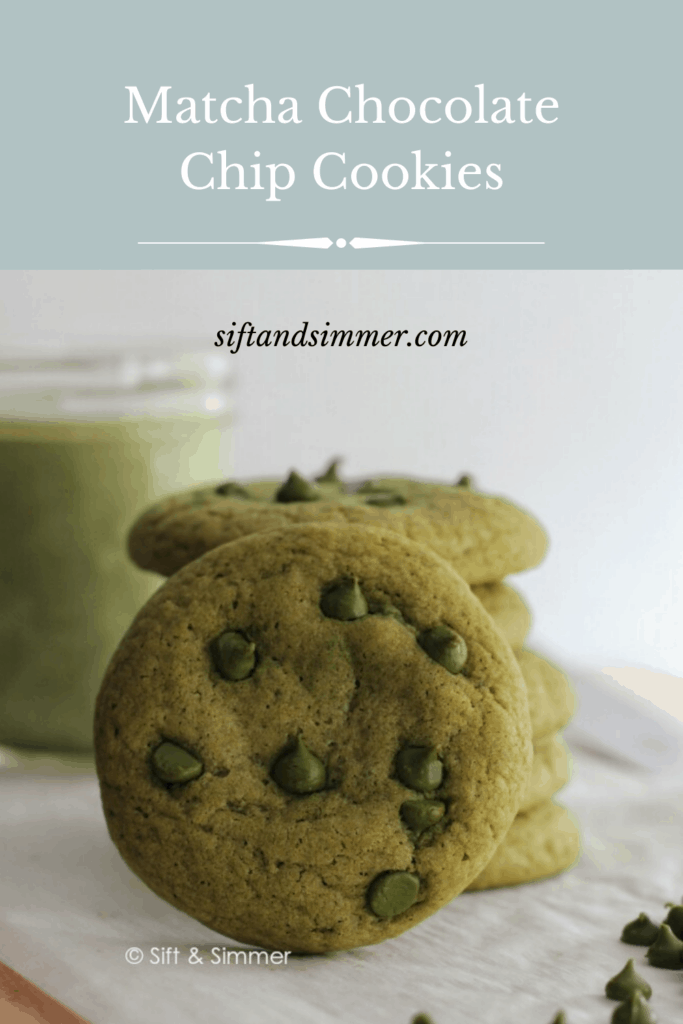 Matcha Chocolate Chip Cookies with text overlay.