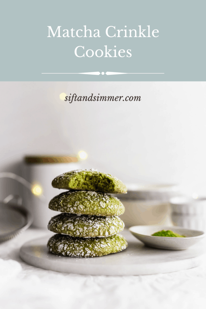 Stack of matcha crinkle cookies on marble trivet, with text overlay.