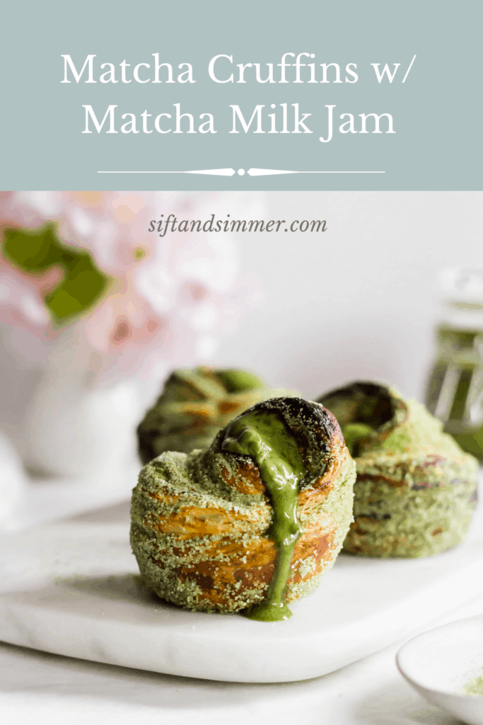 A group of matcha cruffins on marble board, jar of matcha milk jam in background with text overlay.