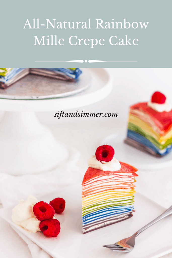 Slice of rainbow Mille Crepe Cake on square plate with fork, with text overlay.