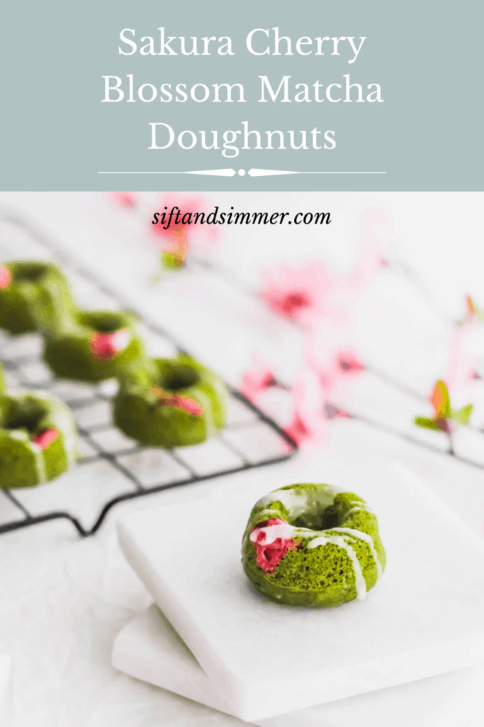 Sakura Cherry Blossom Matcha Doughnut on white marble coasters with text overlay.