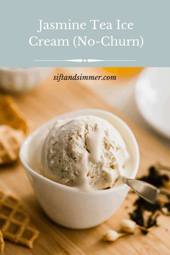 Close up scoop of melty jasmine tea ice cream in bowl with spoon, with text overlay.