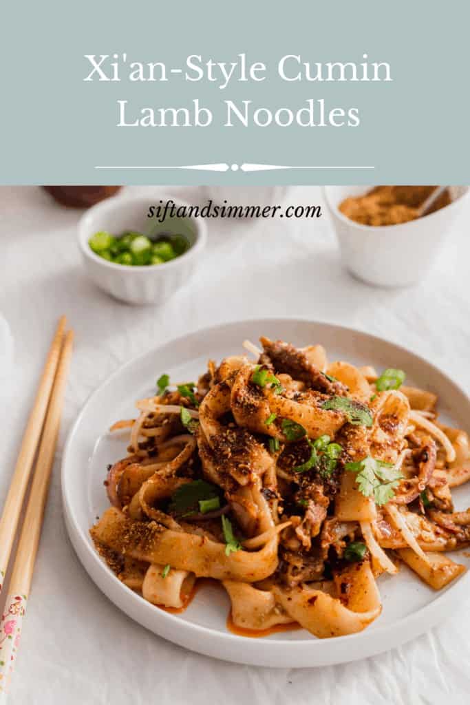 Lamb noodles on white plate, with text overlay.