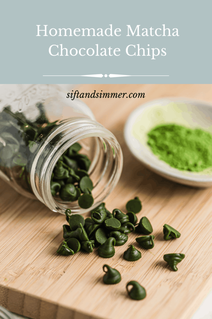 Spilled jar of matcha chocolate chips, with text overlay.