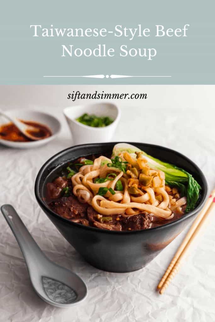 Taiwanese beef noodles in a black bowl, with text overlay.