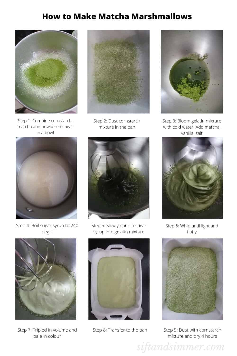 Step by step instructions on how to make Matcha green tea marshmallows, with text overlay.