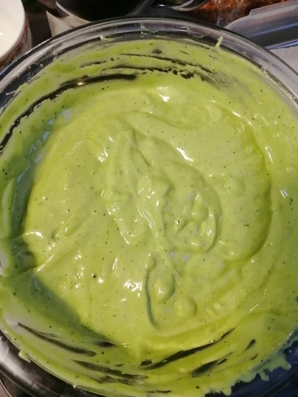 Matcha chiffon cake batter in a bowl.