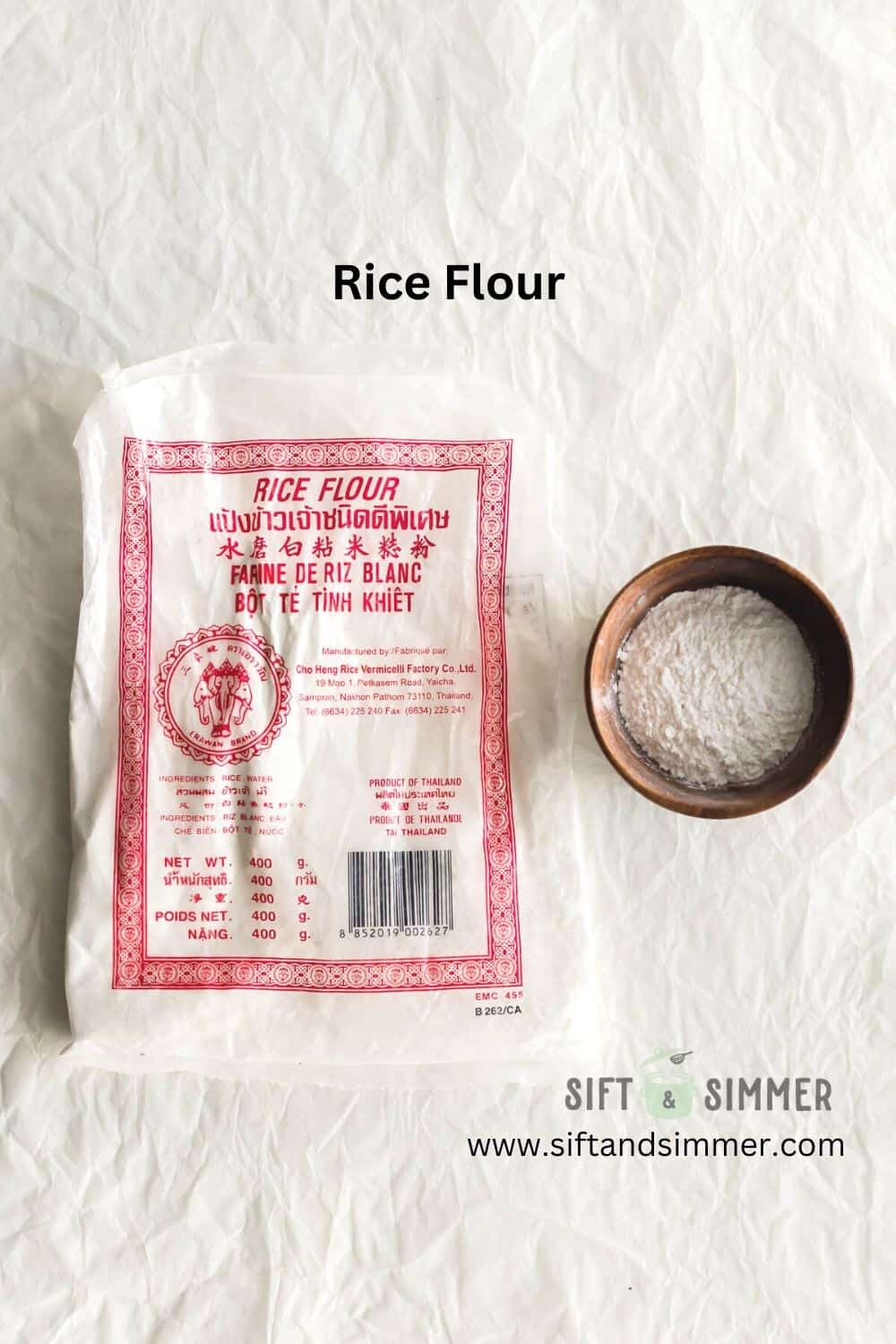 Package of rice flour next to a bowl of it, with text overlay.