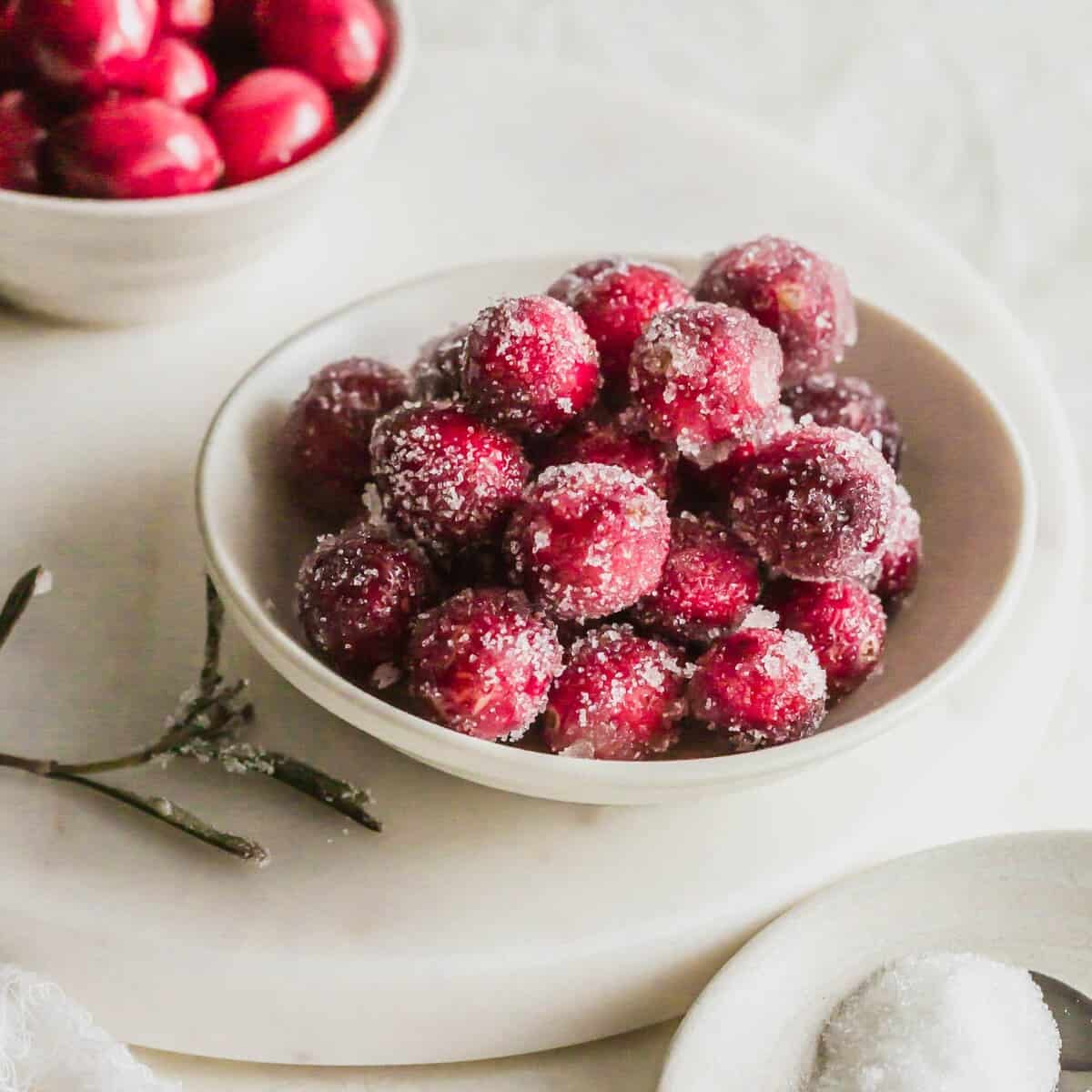 Sugared cranberries in a small white dish.
