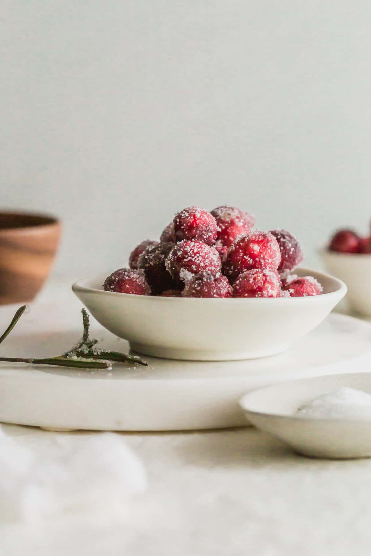 Sugared cranberries in a dish.