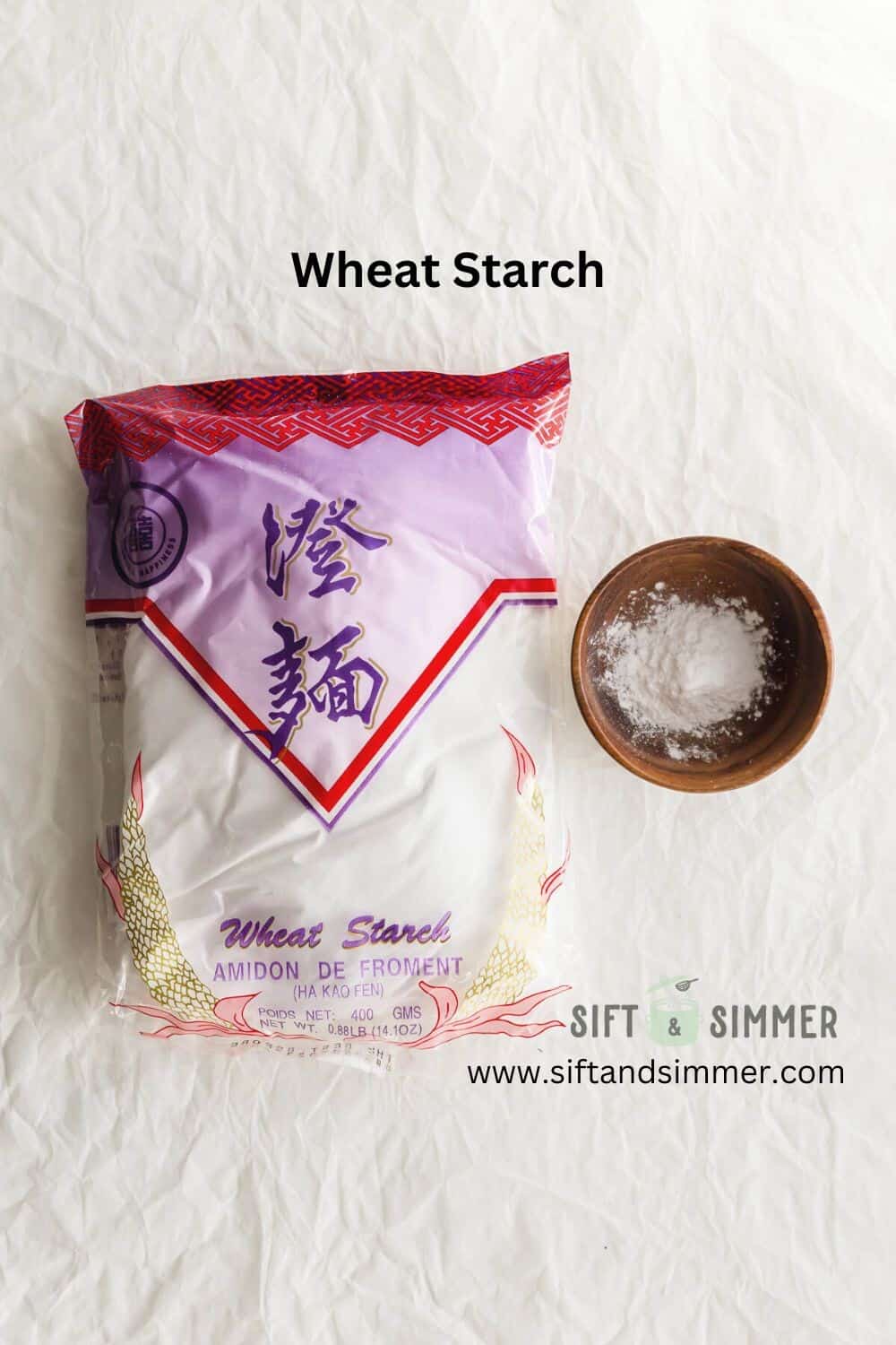 Package of wheat starch next to a bowl it, with text overlay.