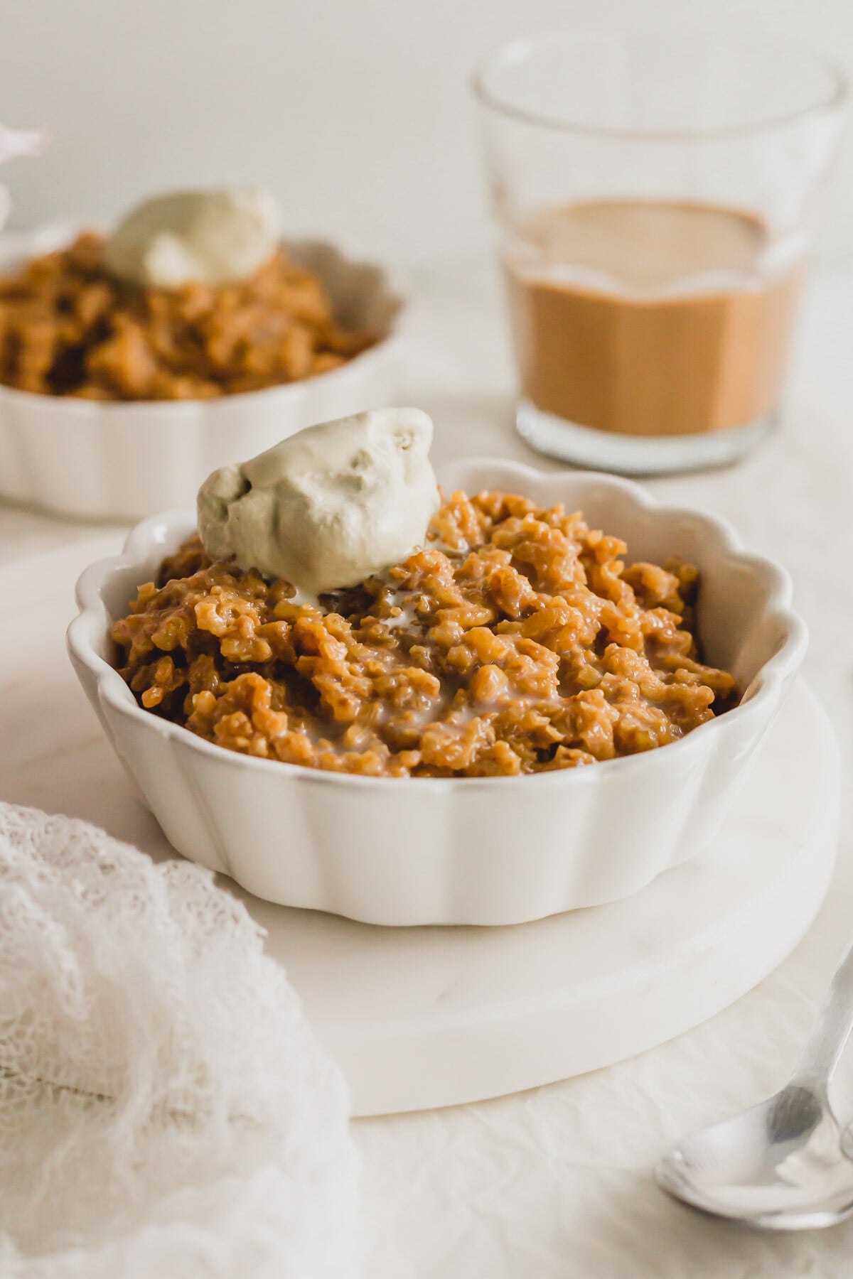 Hong Kong milk tea rice pudding in a white ramekin.