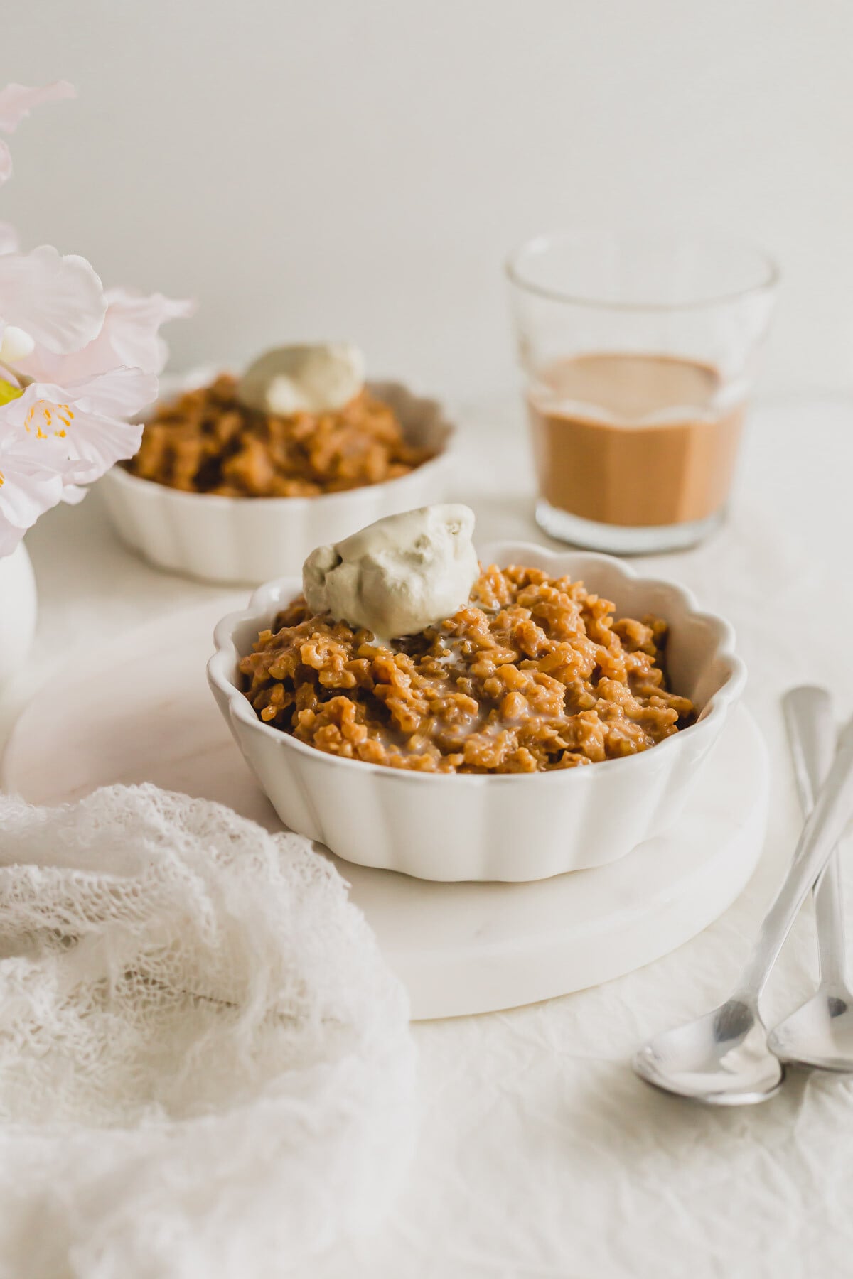 Hong Kong milk tea rice pudding in a white ramekin.