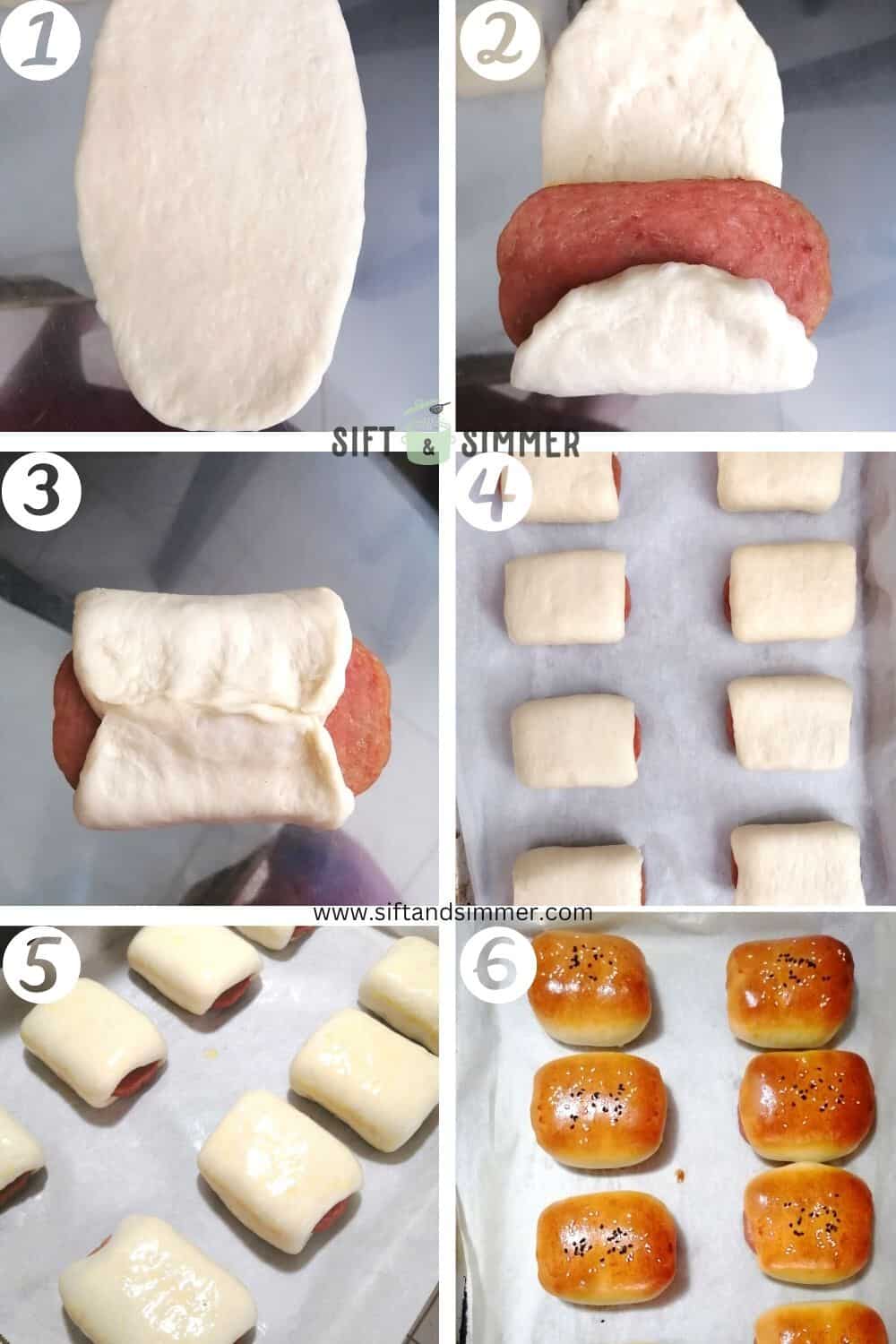 Step by step photos on how to make spam and egg buns, with number overlay.