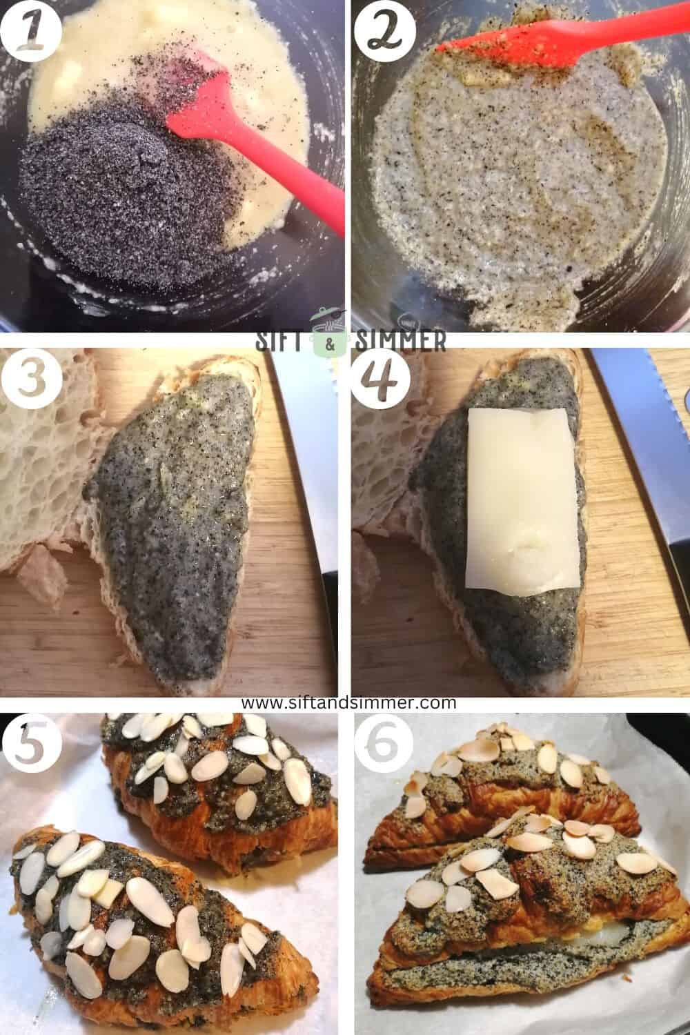 Step by step instructions on how to make black sesame mochi croissants, with number overlay.