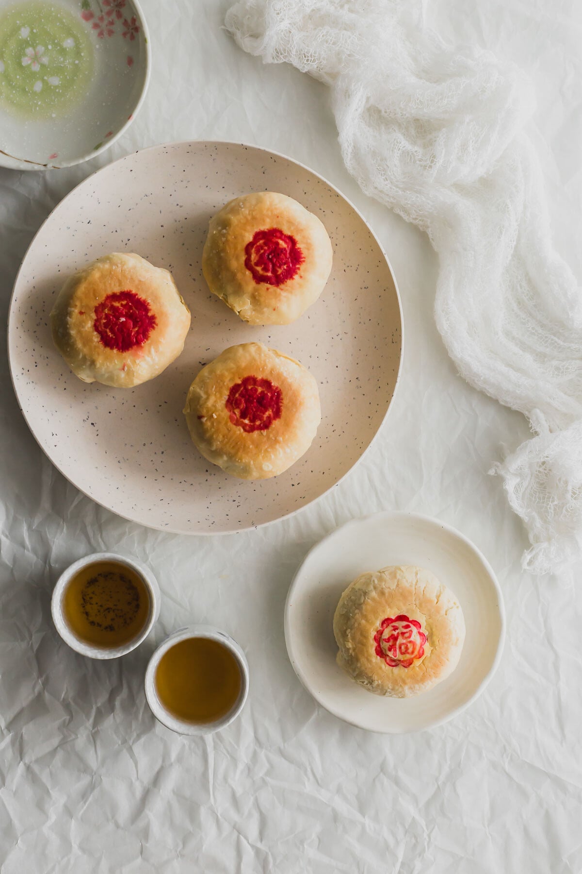 Suzhou mooncakes on a white dishes.