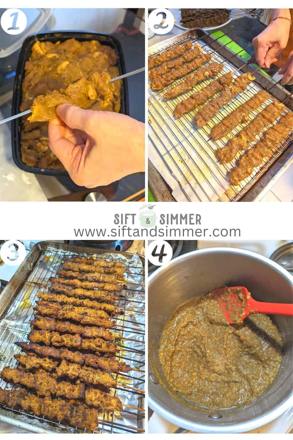 Step by step photos on how to make pork satay, with number overlay.