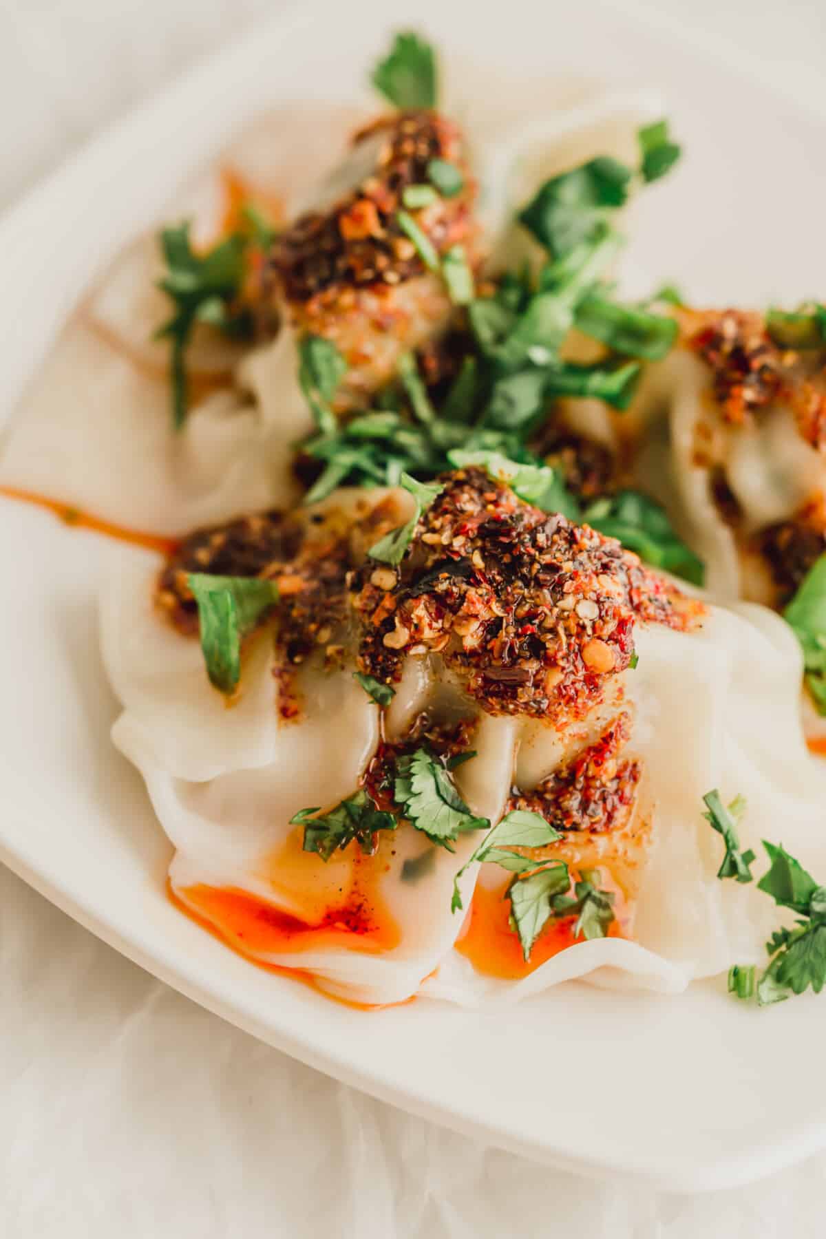 Close up of a wonton dumplings drizzled with chili oil on a white plate.