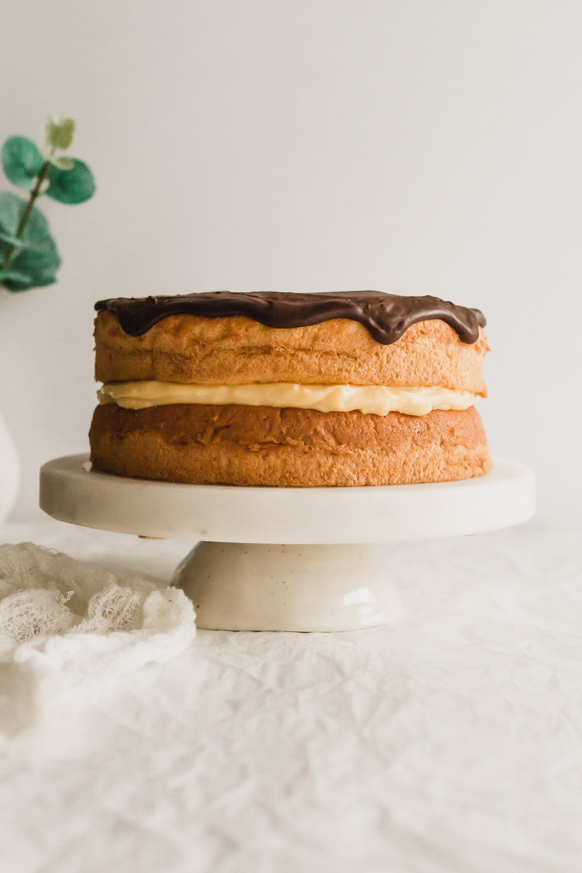 Boston cream pie on a cake stand.