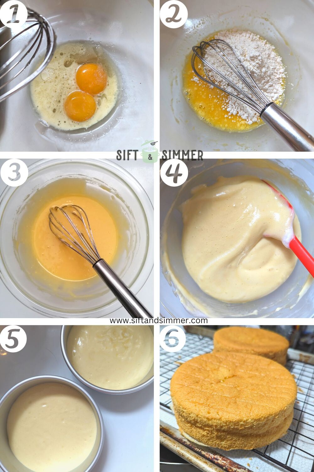 Step by step photos on how to make Boston cream pie, with number overlay.