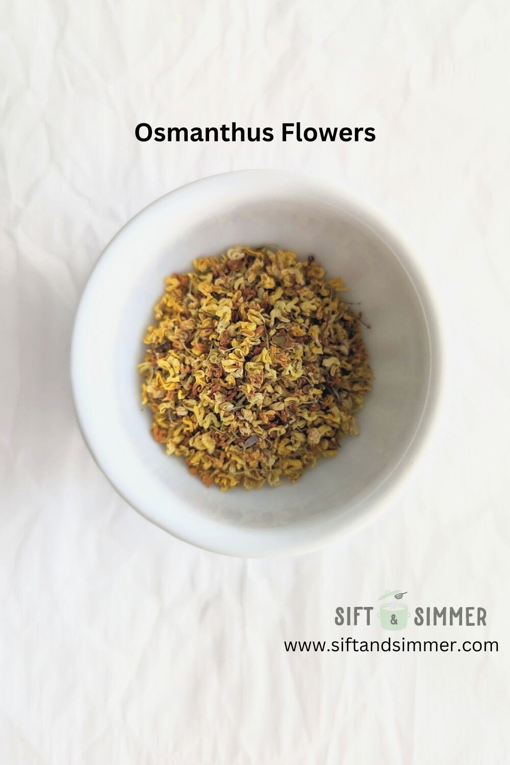 Osmanthus flowers in a white bowl, with text overlay.