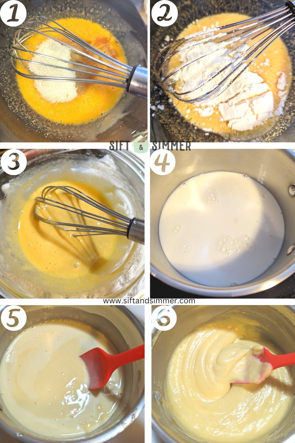Step by step photos on how to make vanilla pastry cream, with number overlay.