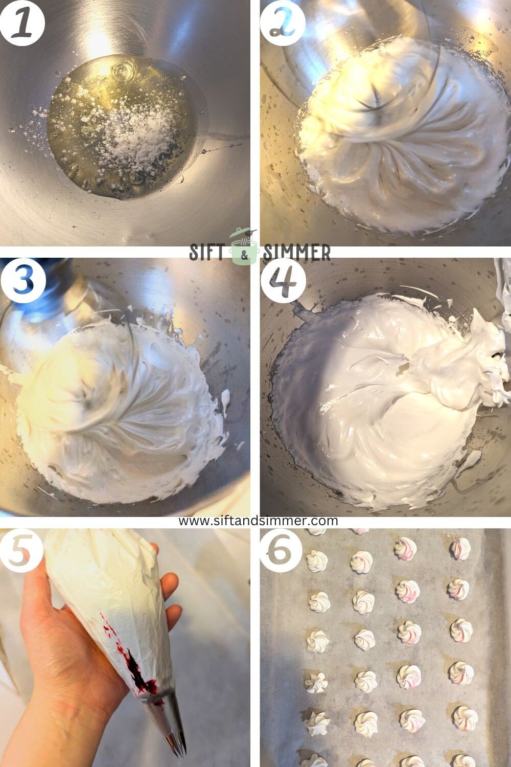 Step by step instructions on how to make peppermint meringues, with number overlay.