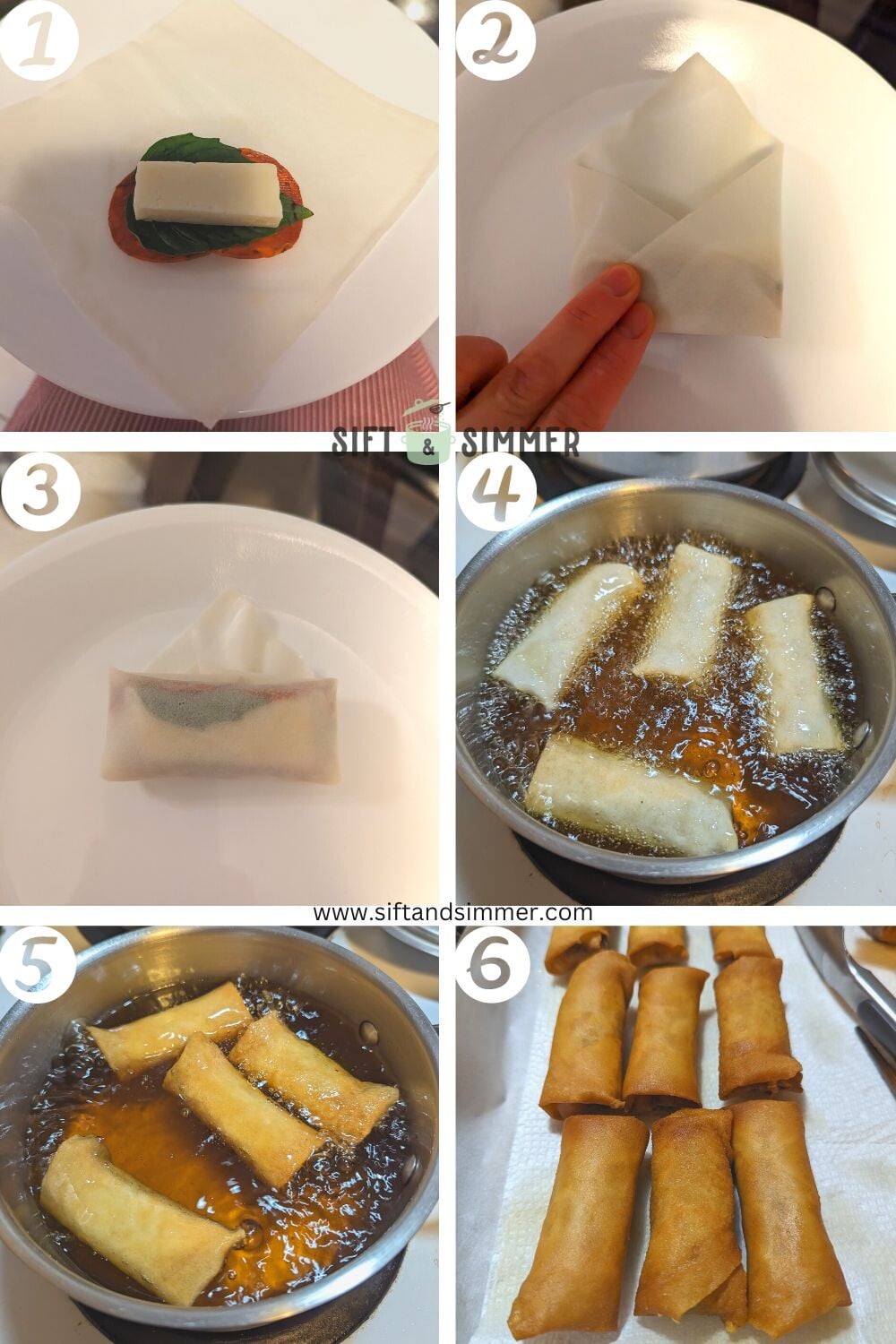 Step by step photos on how to make pizza egg rolls, with number overlay.