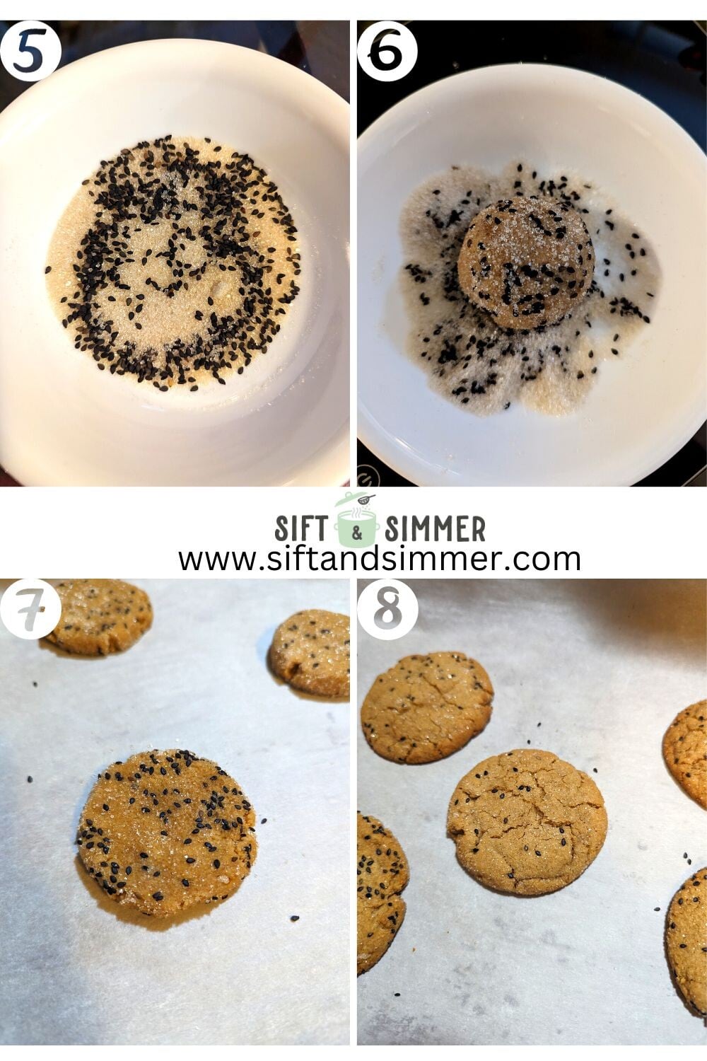 Step by step photos on how to make tahini miso cookies, with number overlay.