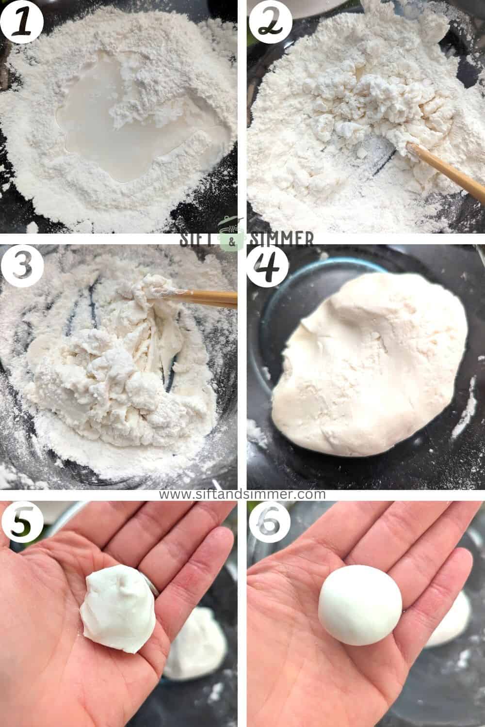 Step by step photos on how to make tang yuan glutinous rice balls, with number overlay.