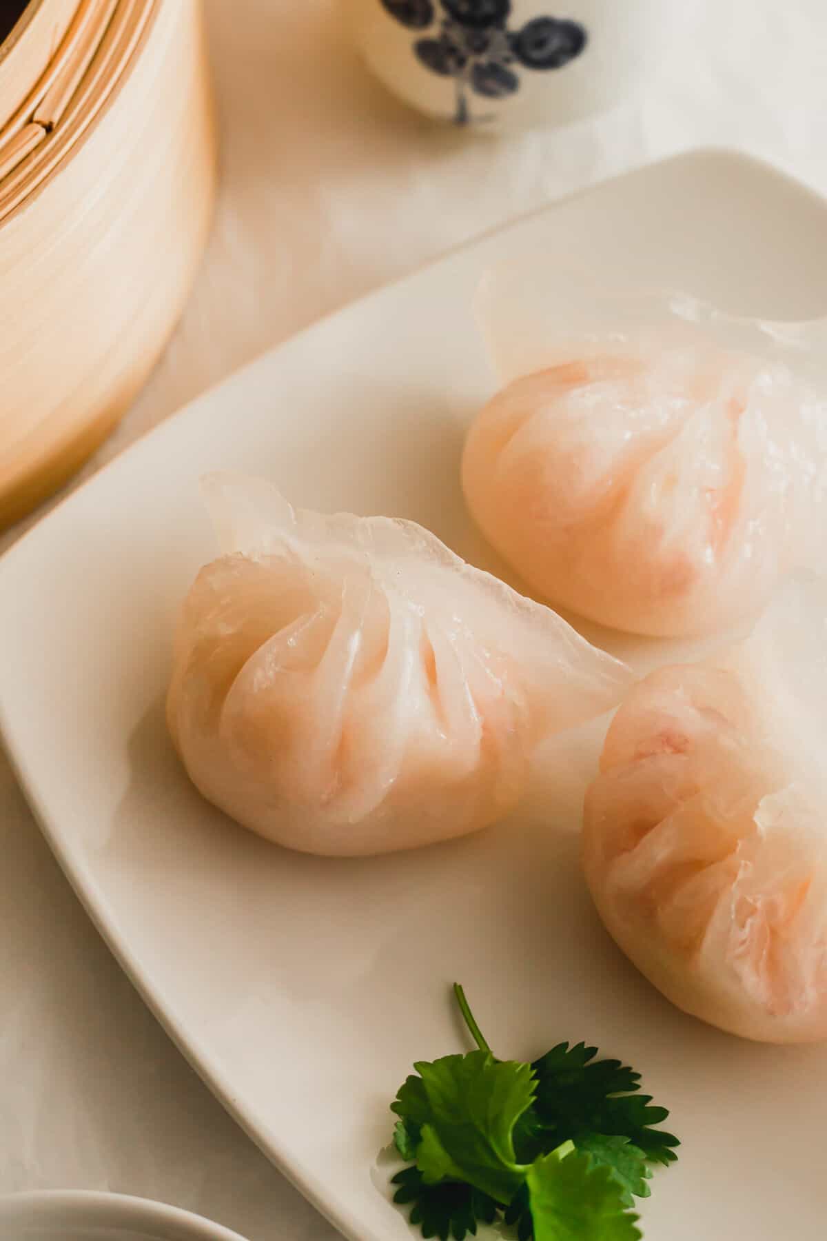 Steamed shrimp har gao dumplings on a white plate.