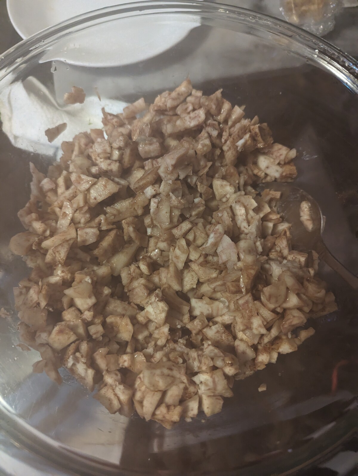 Par-cooked taro in a glass bowl.
