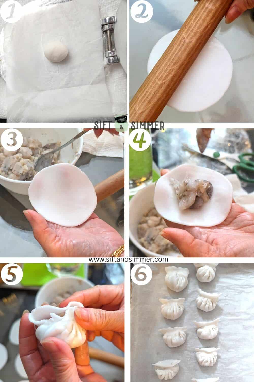 Step by step photos on how to make shrimp dumplings, with number overlay.