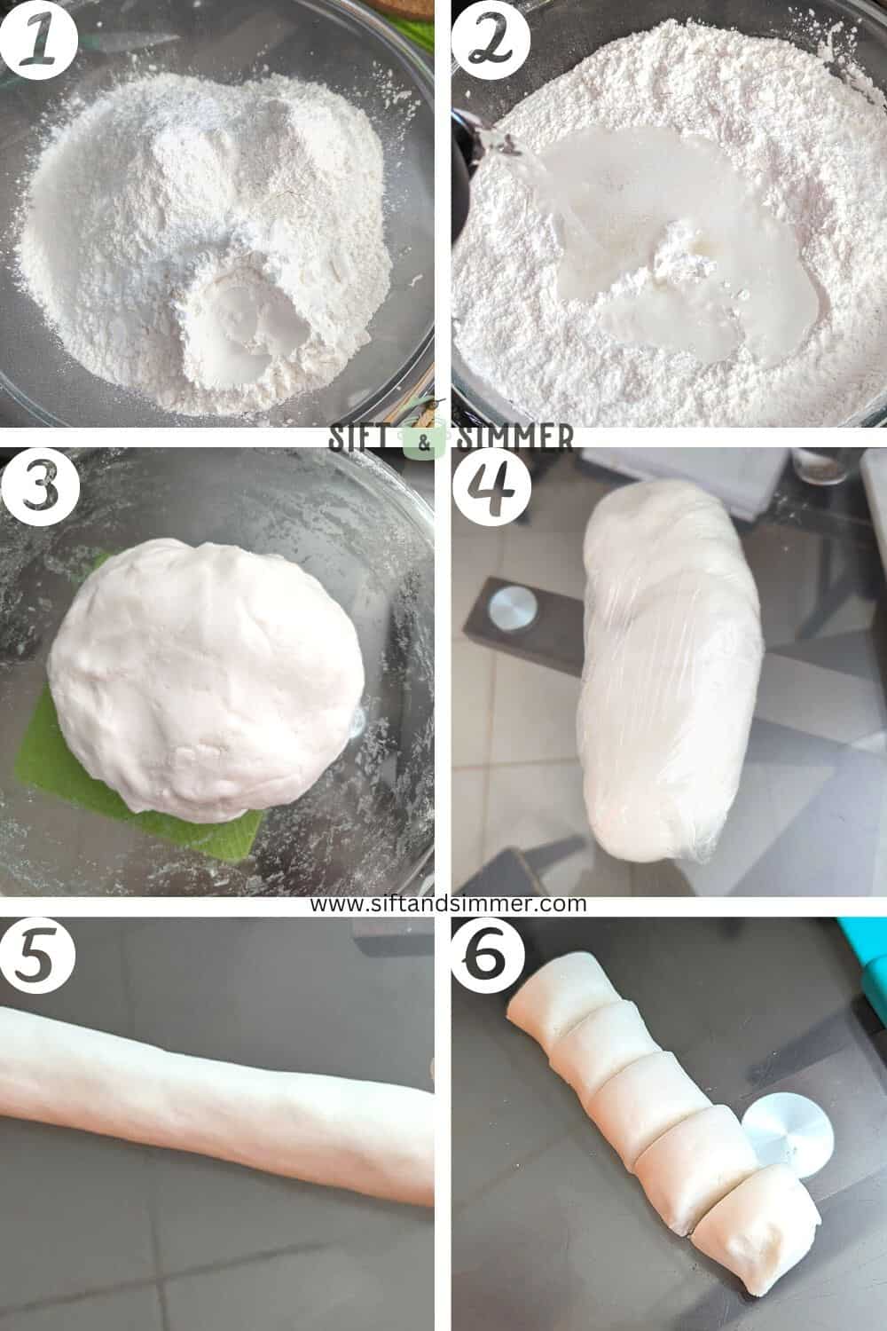Step by step photos on how to make the dough for har gow, with number overlay.