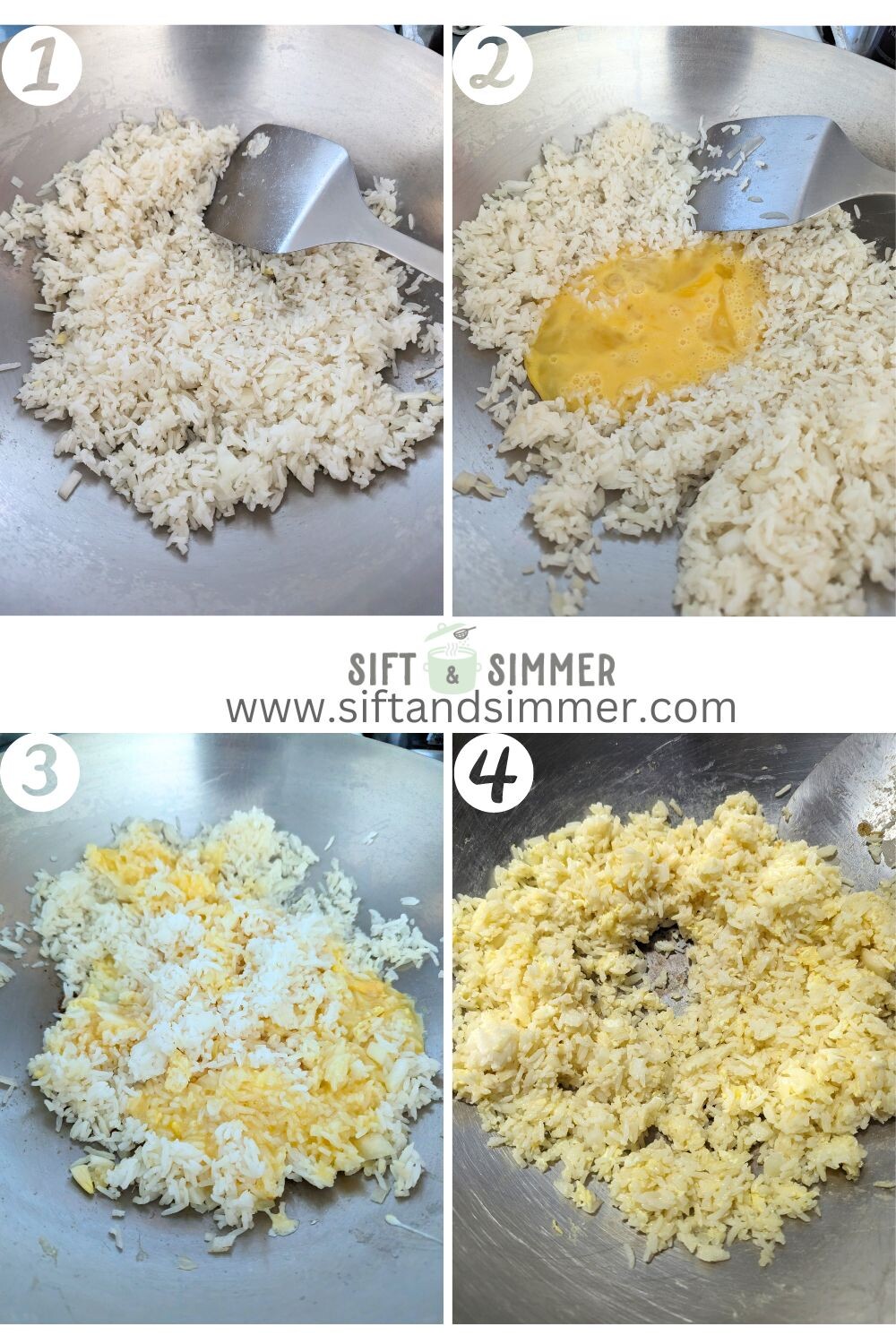 Step by step photos on how to make Chinese egg fried rice, with number overlay.