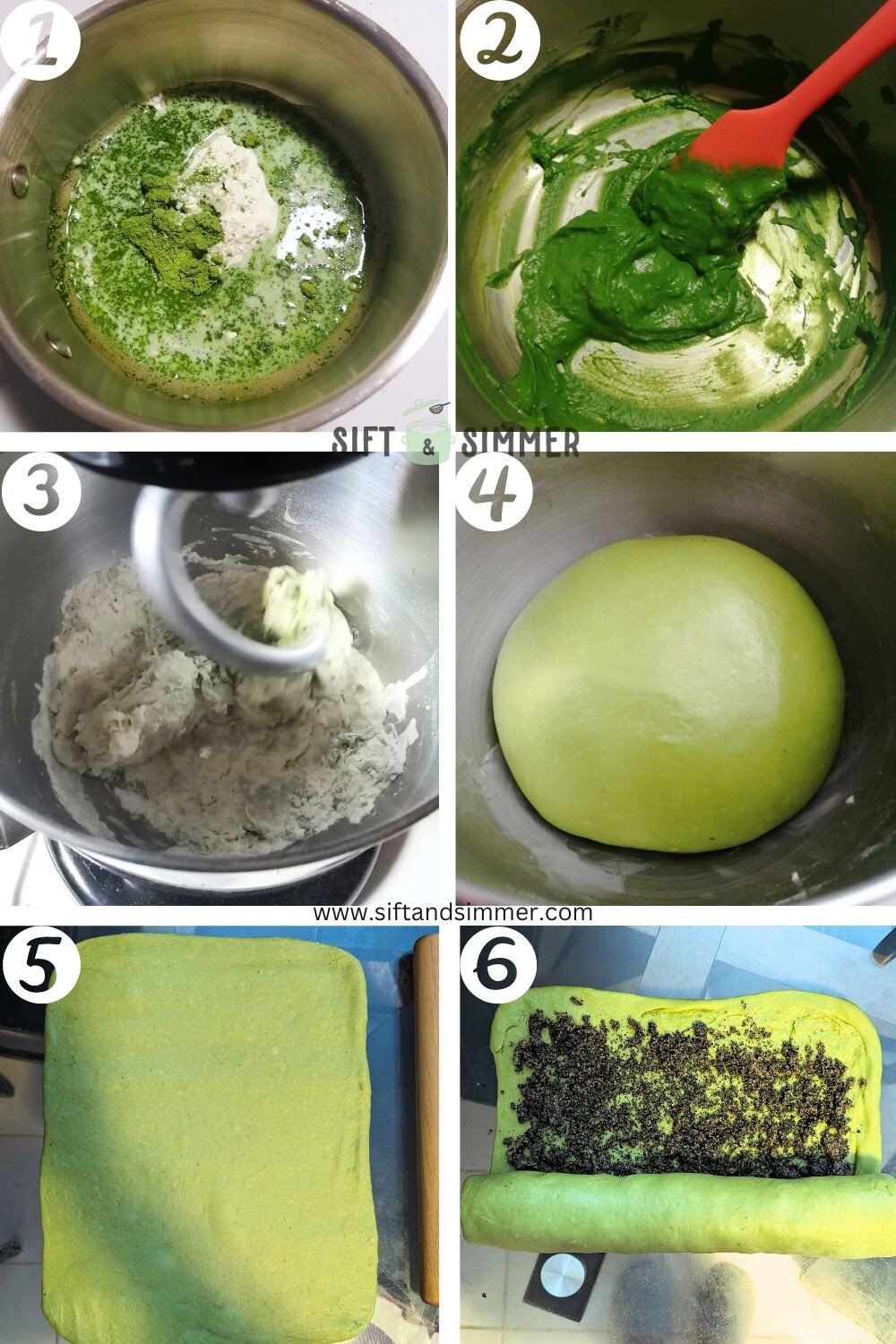 Step by step photos on how to make matcha black sesame rolls, with number overlay.