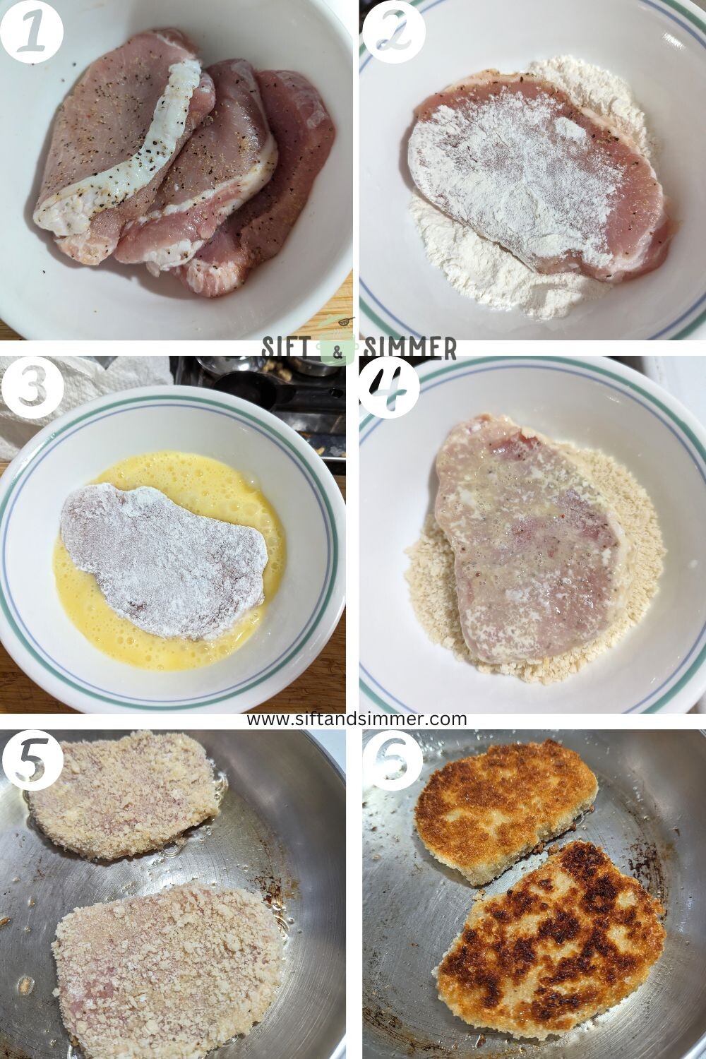 Step by step photos on how to pan-fry pork chops, with number overlay.
