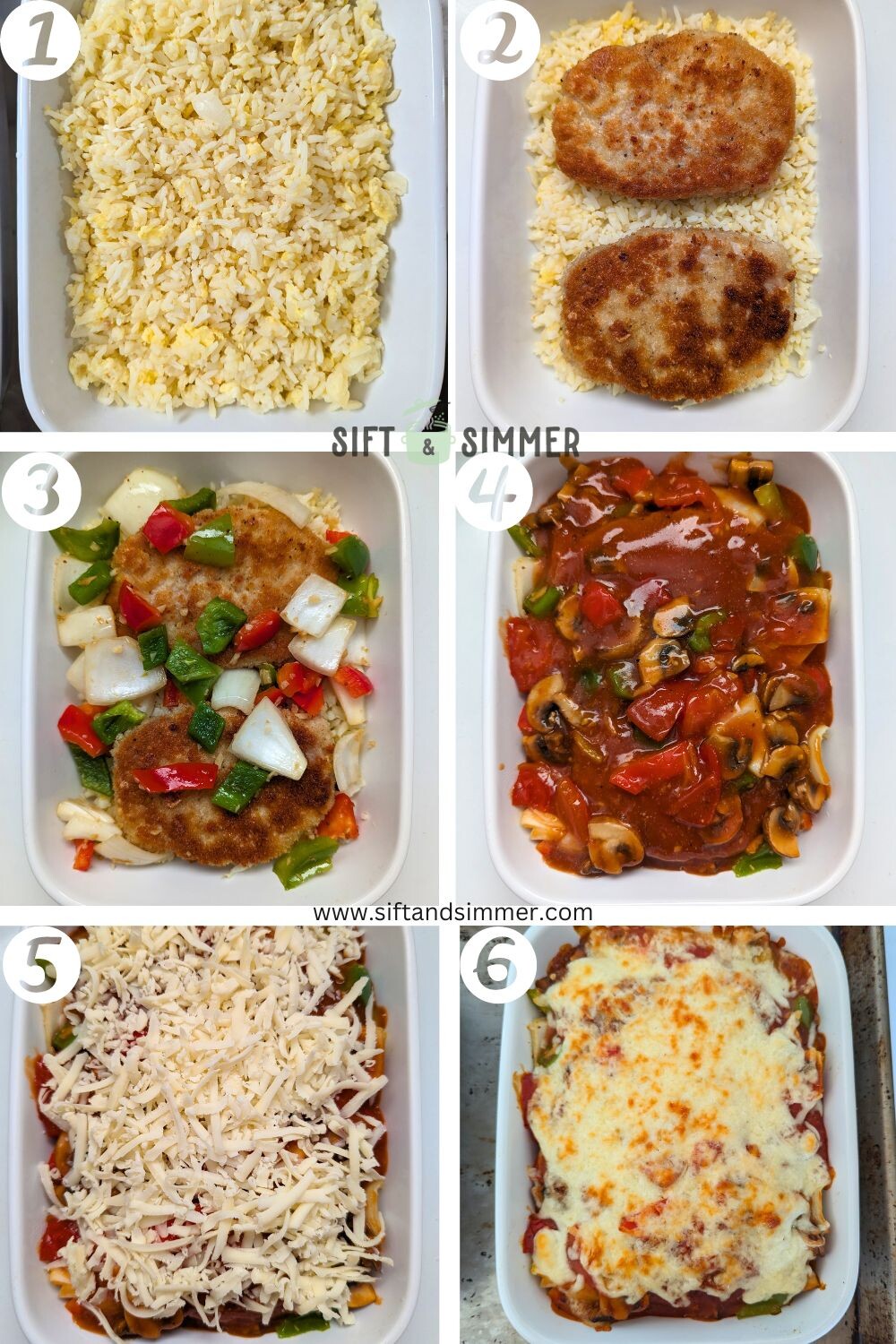 Step by step photos on how to assemble HK style baked pork chop rice, with number overlay.