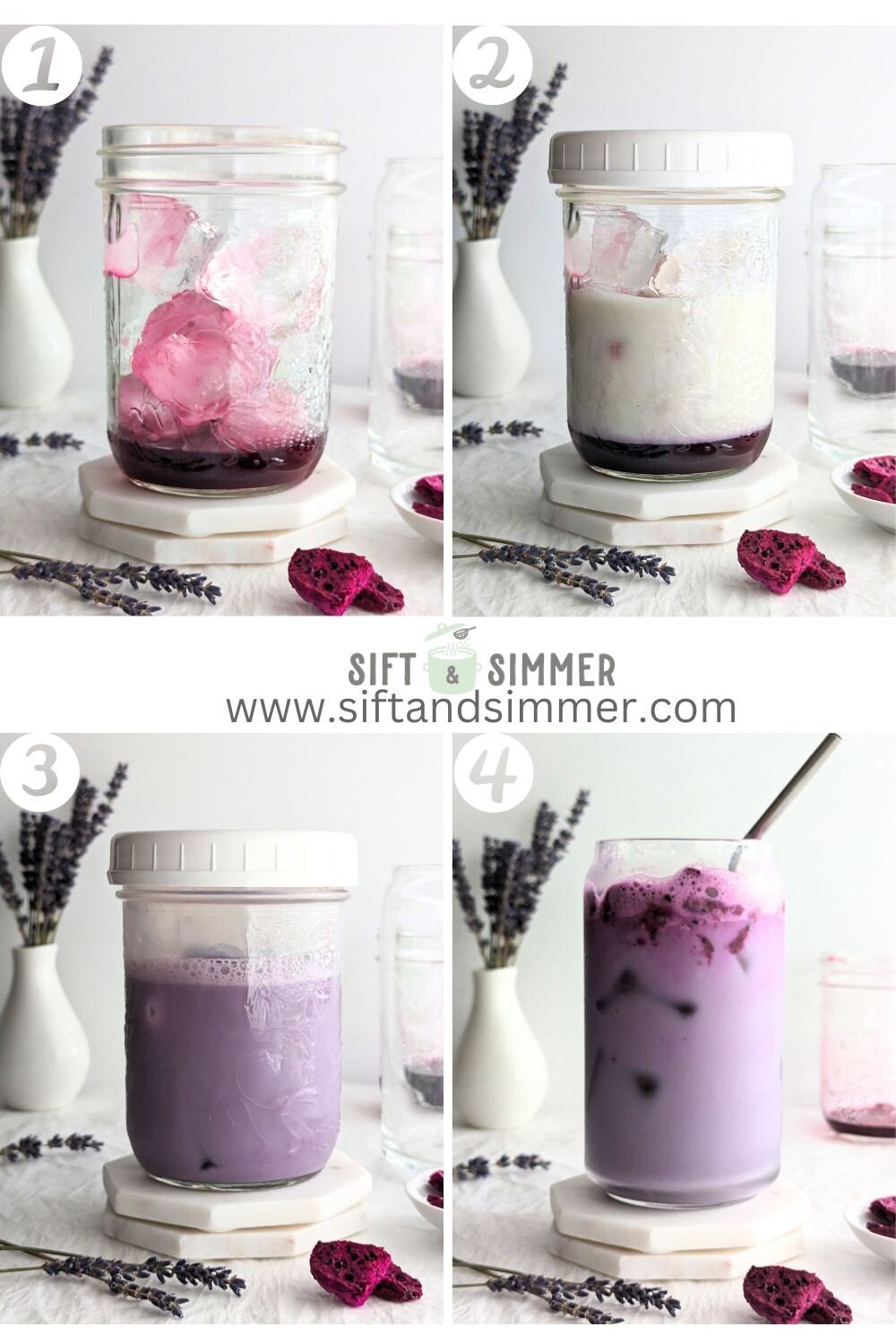 Step by step photos on how to make Starbucks Lavender Oat Chill, with number overlay.